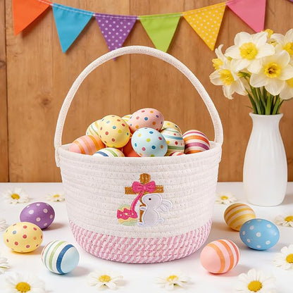 Baby Easter Basket & Gift Basket - Pink White Cross Bunny Woven Cotton Rope Basket with Handle, Empty Egg Hunt Basket for Girls, Boys, Toddlers