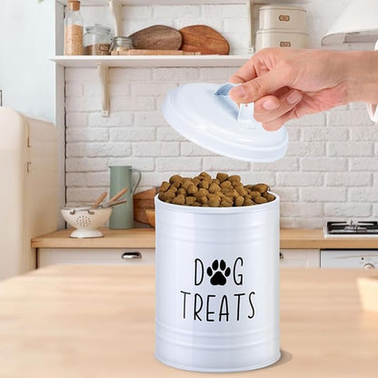 Dog Treat Container Airtight, Dog Treat Jar with Lid - 9x5.5'' Metal Dog Cookie Jar for Farmhouse Kitchen Counter, White Pet Treat Container, Dog Treat Storage Container for Dogs, Cats