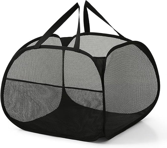 Kimmama Collapsible Mesh Laundry Basket,Foldable Pop Up Laundry Hamper with Side Pocket,Removable Clothes Storage Bin with Handle for Laundry Room,College Drom,Bathroom,Kid Room,Travel,95L,Black