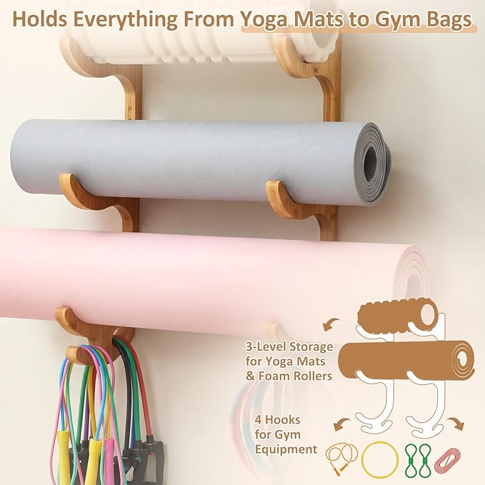 Geelin 3 Tier Yoga Mat Holder Wooden Wall Mount, Yoga Mat Gym Equipment Storage with 4 Hook for Hanging Foam Rollers and Resistance Bands, Storage Holder for Home Gym or Fitness Class