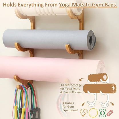 Geelin 3 Tier Yoga Mat Holder Wooden Wall Mount, Yoga Mat Gym Equipment Storage with 4 Hook for Hanging Foam Rollers and Resistance Bands, Storage Holder for Home Gym or Fitness Class