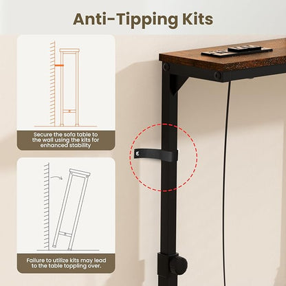 Aduanbang Adjustable Height Narrow Console Table with 2 Power Outlets, 39.4" Long x 5.9" Wide, Slim Behind Sofa Table, Rustic Brown – Ideal for Living Room, Entryway, or Hallway
