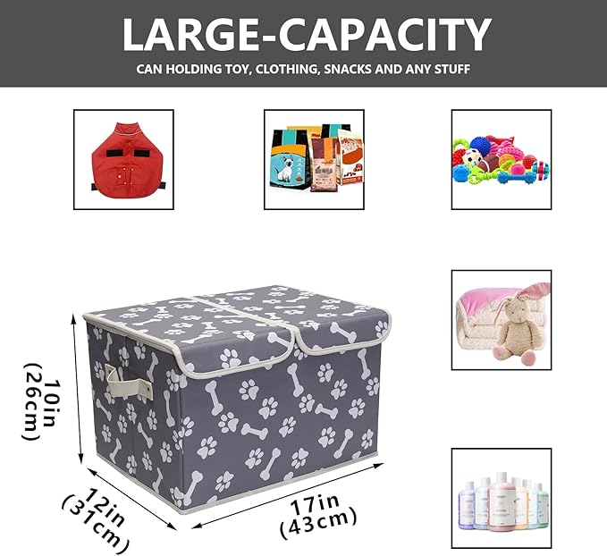 Pet Toy Storage Box with Lid Basket Organizer - Perfect Collapsible Bin for Living room, Playroom, Closet, Home Organization - Bone Paw