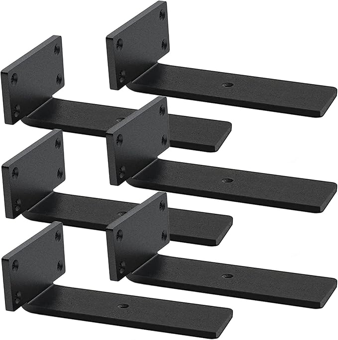 Floating Shelf Brackets Heavy Duty - 1/5 Inch Thick Industrial Black Metal L Brackets, Premium Solid Steel Shelf Supports for Shelves - 6 Inch Heavy Floating Shelves Hardware (6Pcs)