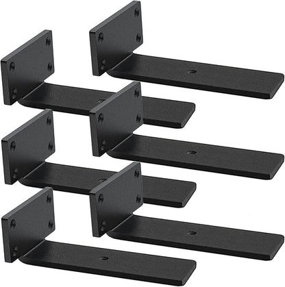 Floating Shelf Brackets Heavy Duty - 1/5 Inch Thick Industrial Black Metal L Brackets, Premium Solid Steel Shelf Supports for Shelves - 6 Inch Heavy Floating Shelves Hardware (6Pcs)