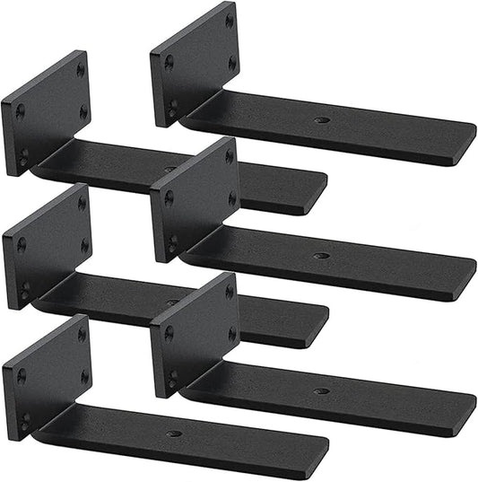 Floating Shelf Brackets Heavy Duty - 1/5 Inch Thick Industrial Black Metal L Brackets, Premium Solid Steel Shelf Supports for Shelves - 6 Inch Heavy Floating Shelves Hardware (6Pcs)