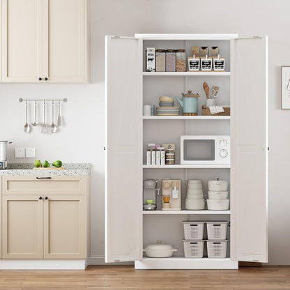 Greenvelly Metal Cabinet, 63" H White Metal Storage Cabinet with Doors and 4 Shelves, Pantry Storage Cabinet for Kitchen, Bedroom, Living Room, Office (Farmhouse)