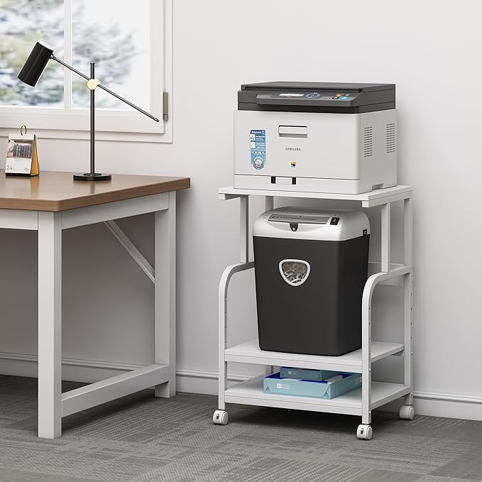 White Printer Stand with Storage, 3 Tier Printer Table with Height Adjustable Shelf, Rolling Printer Cart with Wheels for Home Office Organization