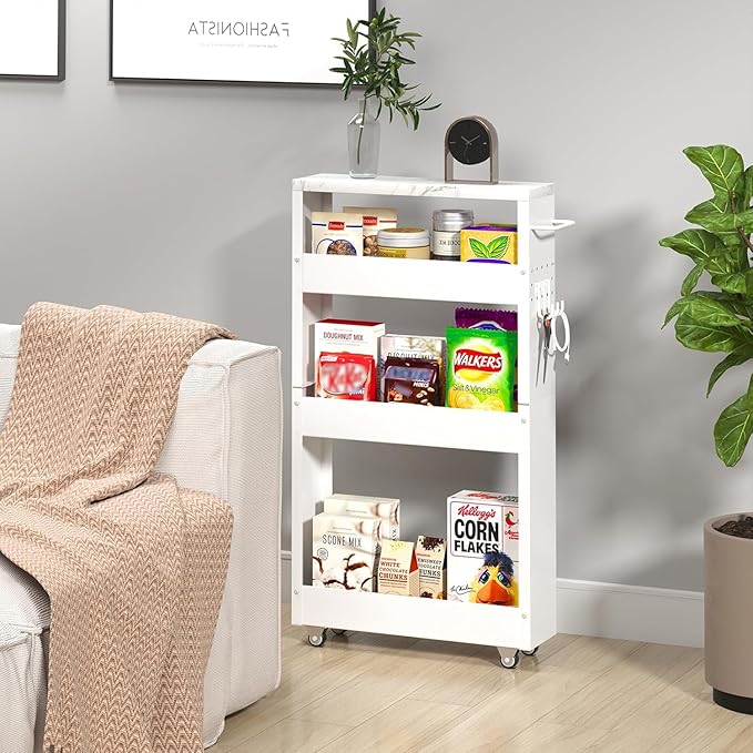 Slim Storage Cart, 5 in Width, 4-Tier White Rolling Cart with Handle & Wooden Top for Kitchen Bathroom Laundry Narrow Places