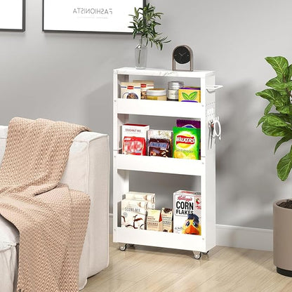 Slim Storage Cart, 5 in Width, 4-Tier White Rolling Cart with Handle & Wooden Top for Kitchen Bathroom Laundry Narrow Places
