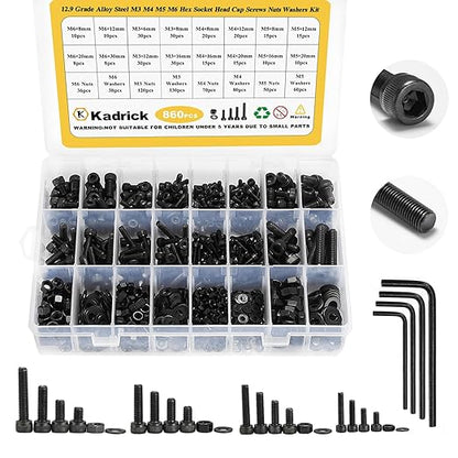 Kadrick Metric Screws Assortment,860PCS M6 M5 M4 M3 Screw Kit, Suitable for 3D Printing DIY,Hex Socket Head Cap Bolts Nuts and Washers Kit, Grade 12.9 Alloy Steel, Black Zinc Plated,Anti Rust Upgrade
