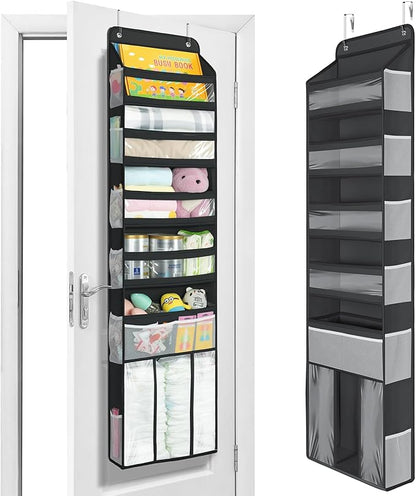 Yecaye 6 Tier Over the Door Organizer with Detachable Bin, Stuffed Animal Storage with Clear PVC Windows, Door Organizer Hanging for Bedroom Nursery Closet Dorm Room Laundry Pantry Bathroom, Black