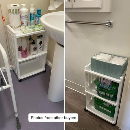 Rolling Storage Utility Cart Slim Organizer Shelf with Wheels 3 Tier Narrow Places Mobile Shelving Unit Tower Rack for Kitchen Bathroom Laundry Room Home Office Bedroom Living Room Washroom, White