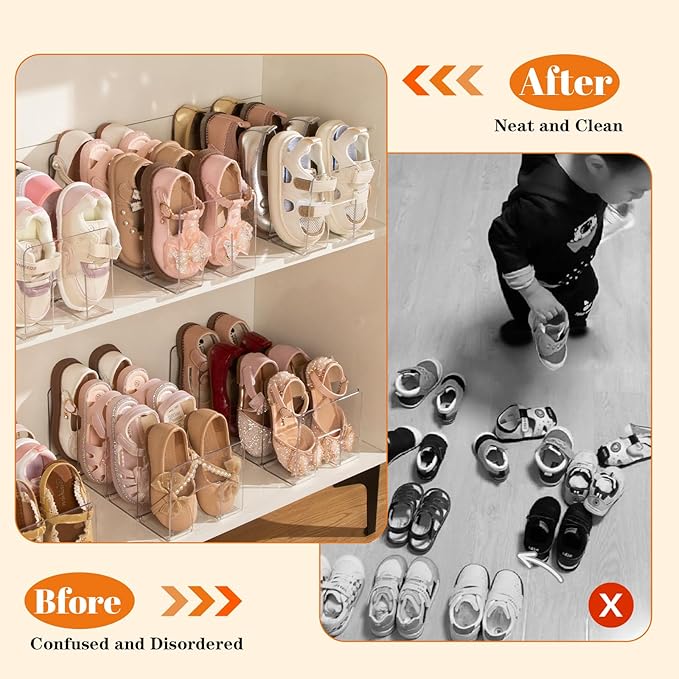 4PACK Clear Acrylic Kids Shoe Rack for Closet Organizers and Storage, Small Clear Shoe Rack 4 Sections Toddler Baby Shoe Storage Organizer Stackable Shoe Shelf,Desk File Sorter Book Purse Organizer
