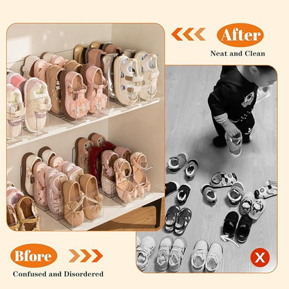 4PACK Clear Acrylic Kids Shoe Rack for Closet Organizers and Storage, Small Clear Shoe Rack 4 Sections Toddler Baby Shoe Storage Organizer Stackable Shoe Shelf,Desk File Sorter Book Purse Organizer