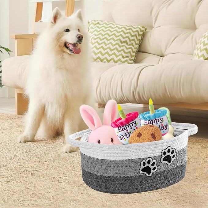 Small Woven Cotton Rope Nursery Organizer Bins, Dog Toy Basket Bins with Handle, Cute Empty Baby Gift Storage Baskets with Paw