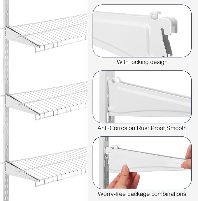 47.5 Inch Twin Rail Upright Wall Shelving System with 16 Inch Locking Shelf Bracket Adjustable Closet System Heavy Duty Metal Support for Deep Wire Shelving Closet (8 Pcs)