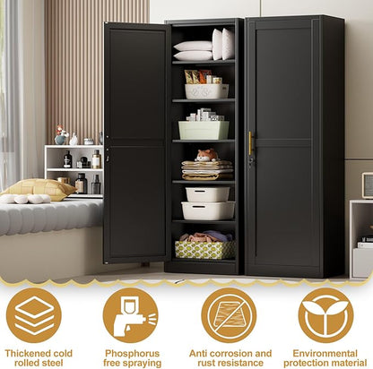 Metal Storage Cabinet with Lock and 5 Adjustable Shelves, Steel File Cabinets, Kitchen Pantry Cabinet Locker Organizer - 67" Tall Storage Cabinets for Kitchen,Bathroom,Bedroom,Office,Black