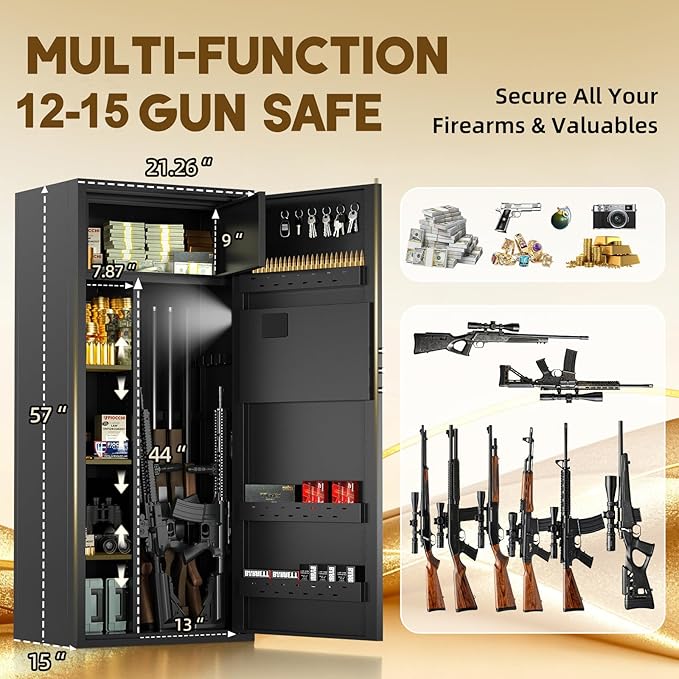 12-15 Gun Safe for Rifles and Pistols, Gun Cabinets for rifles and shotguns with Digital Keypad and Alarm Mode, Easy Assembly Rifle Safe for Home with Internal Lockable Box & Removable Shelves