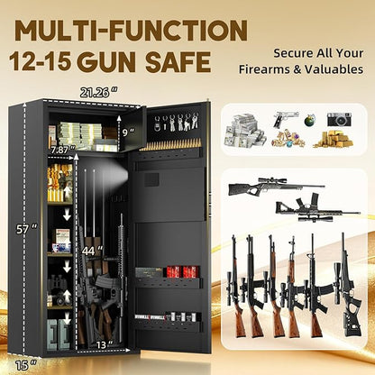 12-15 Gun Safe for Rifles and Pistols, Gun Cabinets for rifles and shotguns with Digital Keypad and Alarm Mode, Easy Assembly Rifle Safe for Home with Internal Lockable Box & Removable Shelves