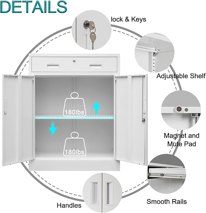 CMY Metal Storage Cabinet, Locking Storage Cabinet with 1 Drawer and Adjustable Shelf, 36.2" H x 28" W x 16" D Metal Cabinet for Office, Garage, Home-White