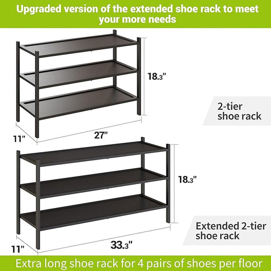 BMOSU 3-Tier Bamboo Extended Shoe Rack Premium Stackable Shoe Shelf Storage Organizer for Hallway Closet Living Room Entryway Organizer(Black)