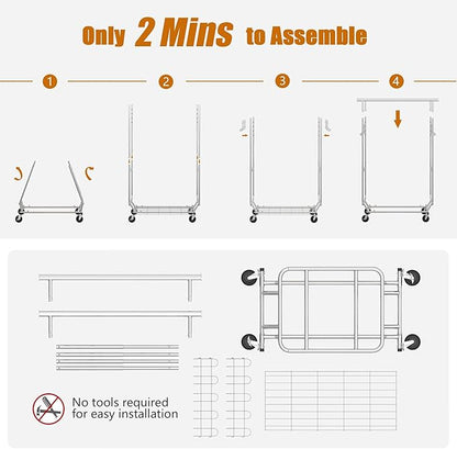 Heavy Duty Clothes Rack Load 620 Lbs, Double Rod Rolling Clothing Rack With Sturdy Wheel And Shelves，Adjustable Portable Hanging Rack For Clothes,Silver Stainless Steel