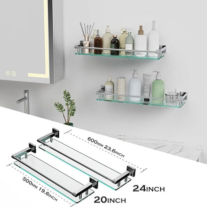 Glass Shelf for Bathroom Wall Sheves 24 inches Rectangular Stainless Steel Tempered Glass Modern Wall Mount Accessories Organizers Storage (Chrome Polished, 24‘’)