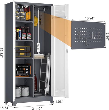 GREATMEET Tall Metal Utility Storage Cabinet for Cleaning Supplies & Tools, Garage Organizer with Adjustable Shelves, Pegboard Back Panel & Tool Hanging Bars, Grey White