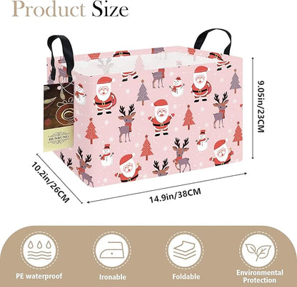 HUNRUNG Rectangle Storage Basket Cute Canvas Organizer Bin for Pet/Children Toys, Books, Clothes Perfect for Rooms/Playroom(REC-Pink Father Christmas)