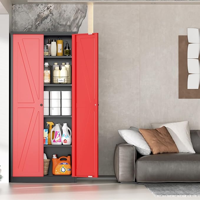 INTERGRAET 63" H Pantry Cabinet, Kitchen Pantry Storage Cabinets with 2 Doors and 4 Shelves, Metal Storage Cabinet,Cupboard for Home,Kitchen,Living Room/Dining, Black Red