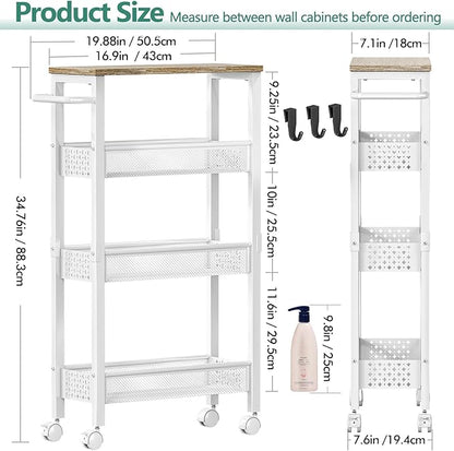 Utility Slim Storage Cart, 4 Tier Small Rolling Kitchen Laundry Room Cart with Wood Top, Metal Bathroom Storage Cabinet Mobile Shelf Unit Organizer Trolley with Handle for Narrow Space
