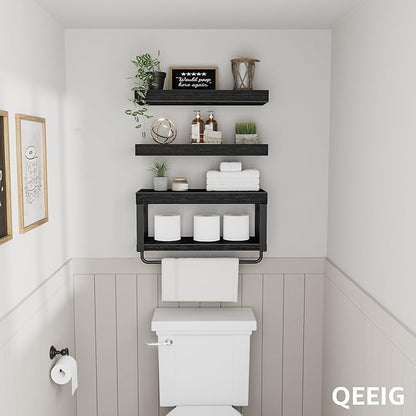 QEEIG Bathroom Shelves Over Toilet - Floating Shelf for Wall Toilet Paper Storage Farmhouse 16 inch Set of 3, Black (029-40B3)