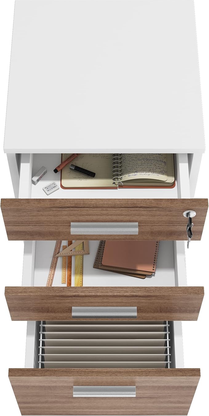Modern Design Lazio File Cabinet, Filing Cabinets for Home Office, Drawers for Under Desk, Locking 3 Drawer Rolling Filing Cabinet with Lock, Walnut and White, by Crafts and Comfort