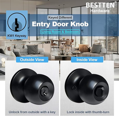 BESTTEN 4 Pack Door Knob with Lock and Key, Keyed Different Entry Door Knob, for Entrance and Front Door, Matte Black