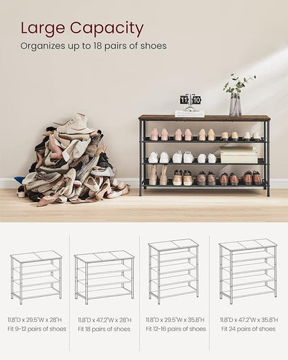 VASAGLE Shoe Rack, 4-Tier Shoe Storage Organizer for Entryway and Closet, Holds 15-18 Pairs of Shoes, 3 Fabric Shelves, Steel Frame, Industrial, Rustic Brown and Black ULBS135B01