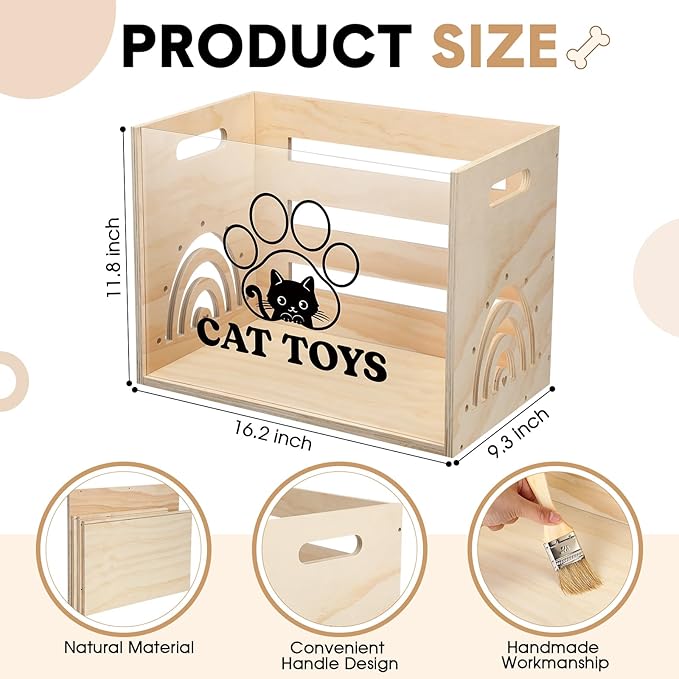 Large Cat Toy Basket Cat Toy Box Wooden Storage Bin with Acrylic Board Storage Box for Puppy Toys Pet Food and Accessories Organizer Holder Basket for Living Room Area(Wood, Cat)