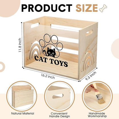 Large Cat Toy Basket Cat Toy Box Wooden Storage Bin with Acrylic Board Storage Box for Puppy Toys Pet Food and Accessories Organizer Holder Basket for Living Room Area(Wood, Cat)