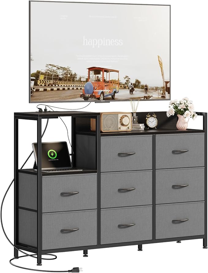 DUMOS TV Stand Dresser with 8 Fabric Drawers & Open Shelves, TV Stand for Up to 45 inch TV with Wooden Top, Entertainment Center with Charging Station for Living Room, Hallway, Grey