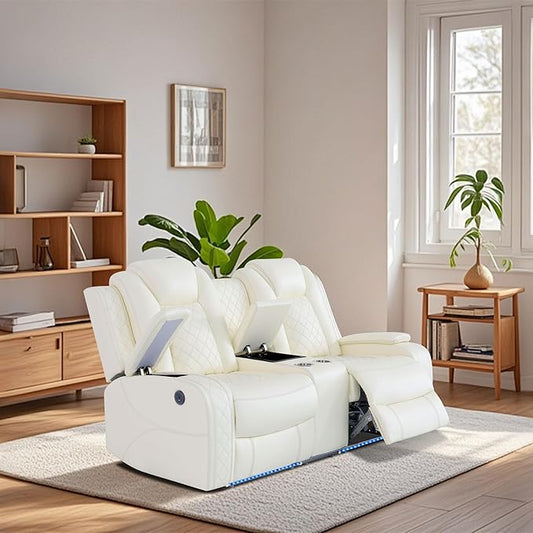 Power Recliner Loveseat Recliner Sofa, Living Room Furniture Sets with LED, Soft Leather Reclining Loveseat with Cup Holders,Hidden Storage,Double Seat Recliner Couch for Living Room,Office