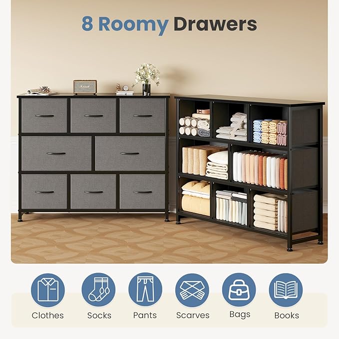 DUMOS TV Stand, Dresser with 8 Fabric Drawers, Spacious Storage Tower for Closet, TV Stand with Wood Top and Mental Frame, Storage Unit for Living Rooms, Bedroom and Entryway, Grey