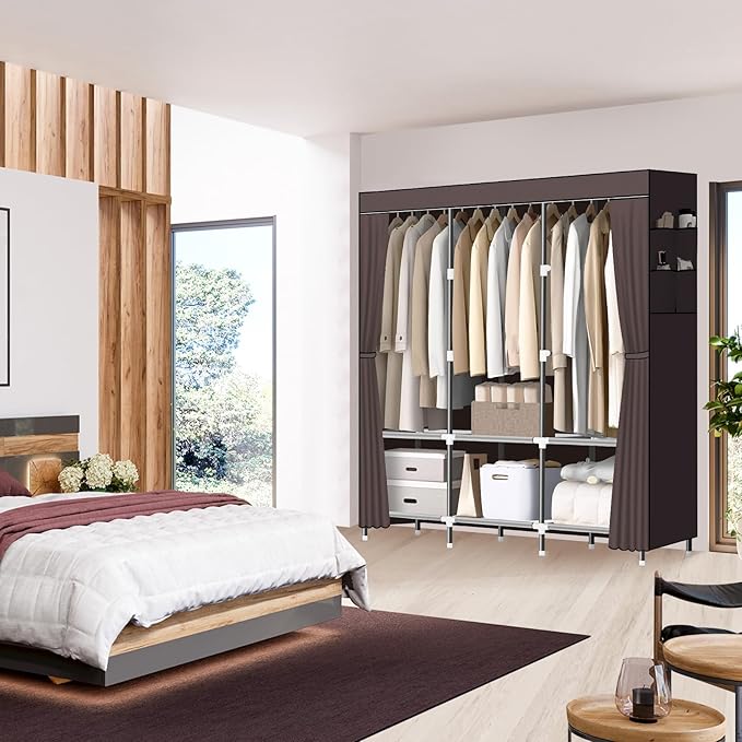 LOKEME Wardrobe Closet,Portable Closet for Bedroom Steel Pipe Diameter 19mm Strong and Sturdy Coffee Colored Portable Closets for Hanging Clothes with 3 Hanging rods, 6 Storage Shelves and Side Pocket