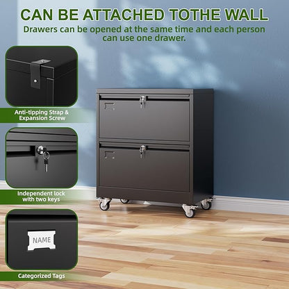 Aobabo 2 Drawer Lateral File Cabinet with 4 Detachable Wheels,Steel Filing Storage with Independent Locks and Index Card Holders for Home Office, 15.87" D x 28.94" W x 34" H, Black,Required Assembly