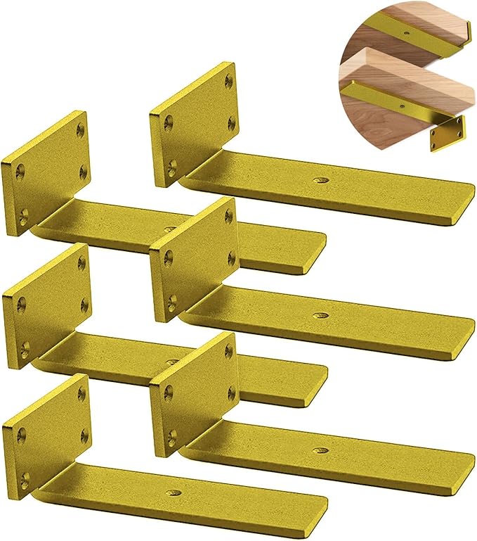 Advanced Heavy-Duty Shelving Bracket - 5-Inch Floating, 0.2-Inch Thick Gold L-Shaped Solid Steel (6 Pieces)