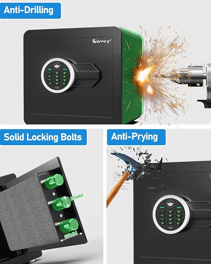 Kavey 1.2 Cub Safe Box, Home Safe with Digital Keypad and Dual Alarm System, Money Safe for With Mute Function and LED Light, Safes for Money Valuables