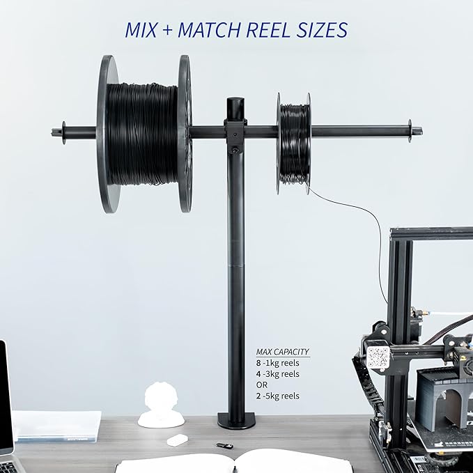 VIVO Clamp-on Steel Filament Holder for 3D Printer, Height Adjustable Spool Support, Holds up to 8 Standard Reels, Black, STAND-3DRH
