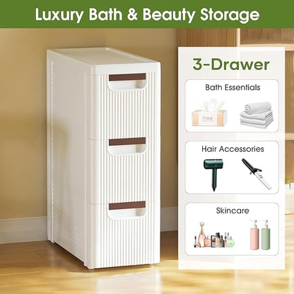 3 Drawers Narrow Storage Cabinet, Slim Bathroom Storage Cabinet, Plastic Rolling Cart Organizer for Small Spaces, Laundry, Office, Home, White
