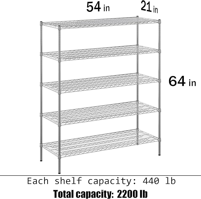 21" Deep x 54" Wide x 64" Height Wire Shelving Kit | 5-Tier | NSF Commercial Storage Rack Unit