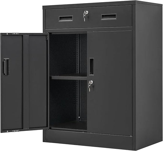 Metal Storage Cabinet, Locking Cabinet with One Drawer and Adjustable Shelf, 36" H x 28" W x 16" D Steel Storage Cabinet for Office, Garage, Home-Black