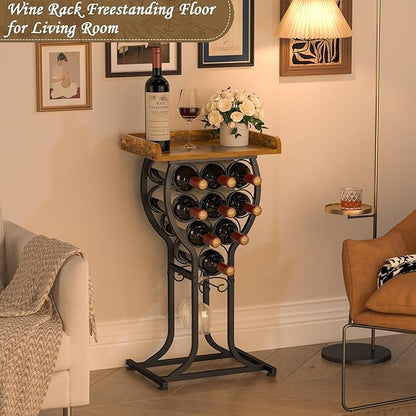 X-cosrack Wine Rack Freestanding Floor, Mini Wine Storage Rack, Desktop Wine Bottle Display Stand with Wine Glass Holder, Mini Bar Table with Tabletop for Home Bar Kitchen Living Room